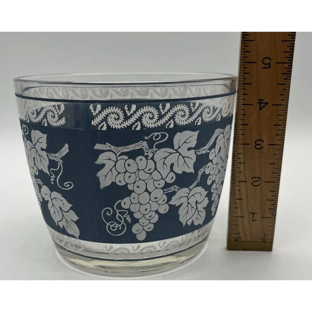 Vintage Hazel Atlas Glass Ice Bucket, Blue With White Grapevine Pattern